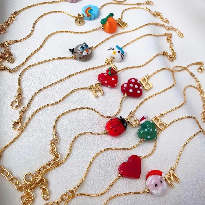Peppy Beads Charm Necklaces Hand Made Murano Glass Pink Heart Charm