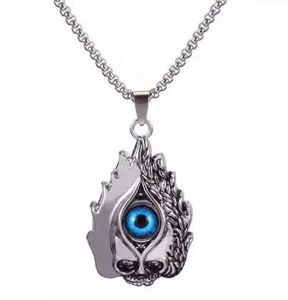 AZ05 Silver Skull Flames Blue Eye Necklace alice Necklaces