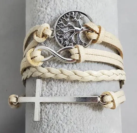 AZ1285 Beige Cross Tree Infinity Layer Leather Bracelet alice Bracelets