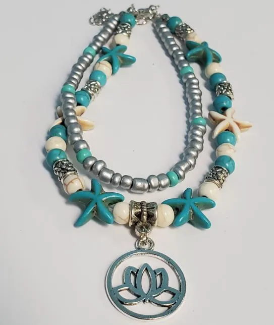 Bracelets POLLY B189 Silver Turquoise Starfish Lotus Ankle Bracelet