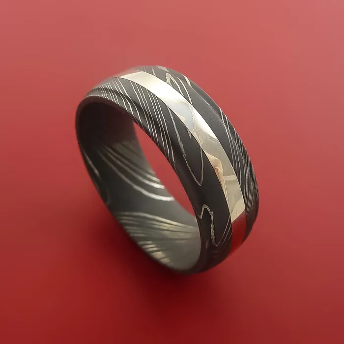 Rings Damascus Steel Ring with 14K White Gold Inlay Custom Made Band Lashbrook