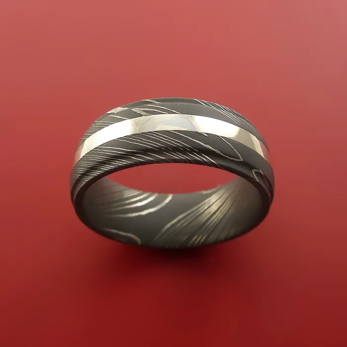 Rings Damascus Steel Ring with 14K White Gold Inlay Custom Made Band Lashbrook