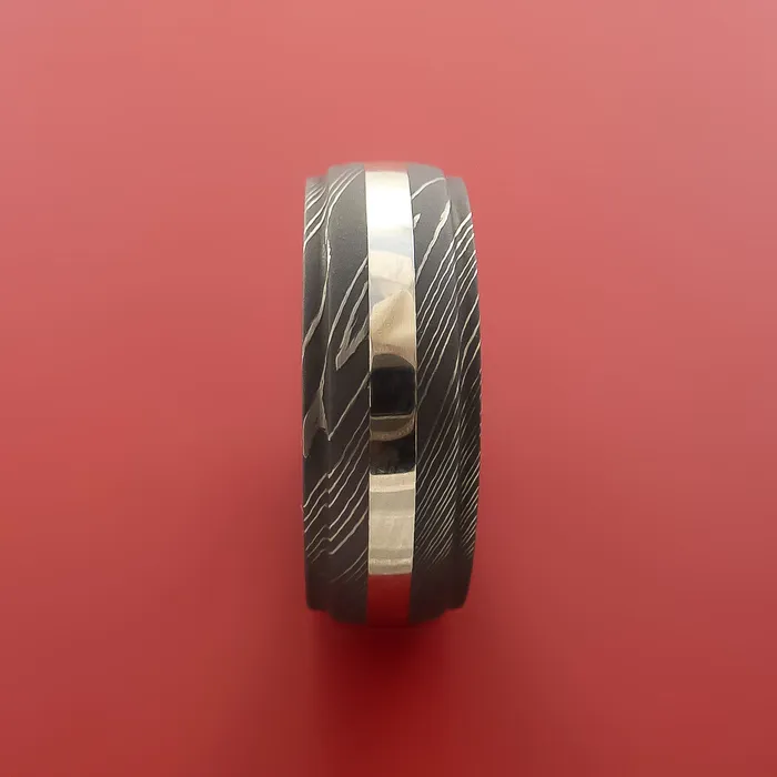 Rings Damascus Steel Ring with 14K White Gold Inlay Custom Made Band Lashbrook