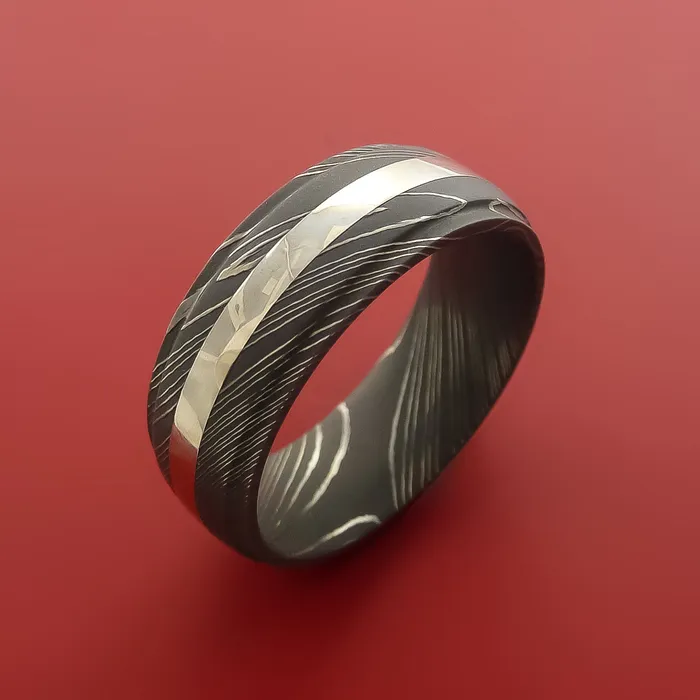 Rings Damascus Steel Ring with 14K White Gold Inlay Custom Made Band Lashbrook