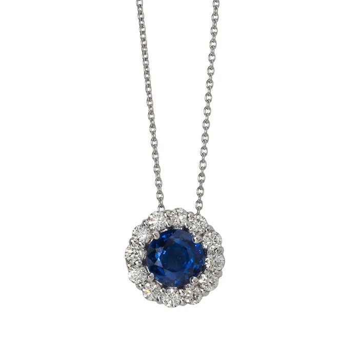 2ct Sapphire Diamond Halo 18K White Gold Pendant Necklace Croghans Necklaces