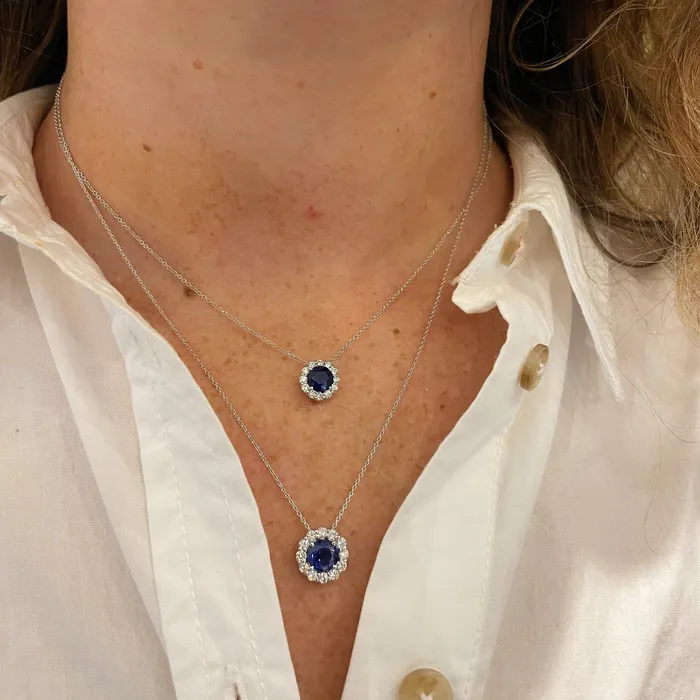 2ct Sapphire Diamond Halo 18K White Gold Pendant Necklace Croghans Necklaces