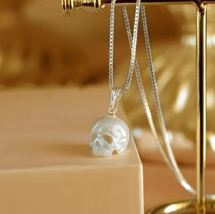 Belbren Necklaces Handcrafted Skull Necklace in Sterling Silver 925 Gold Elegant Pearl Pendant GothicInspired Jewelry Perfect for Couples