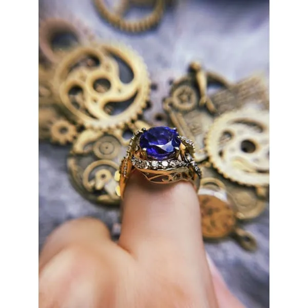 Diamond Source NYC Rings Diffused Blue Sapphire Round Brilliant Diamond Fashion Ring Set in 14K Yellow Gold 300ct tw