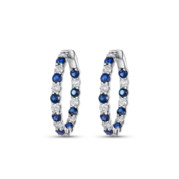 Earrings 14K White Gold Sapphire and Diamond Hoop Earrings Meierotto Jewelers