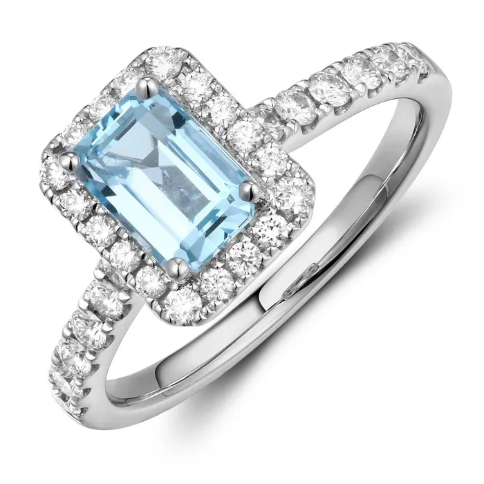 Meierotto Jewelers Rings 18K White Gold Emerald Cut Blue Topaz with Diamond Halo Ring
