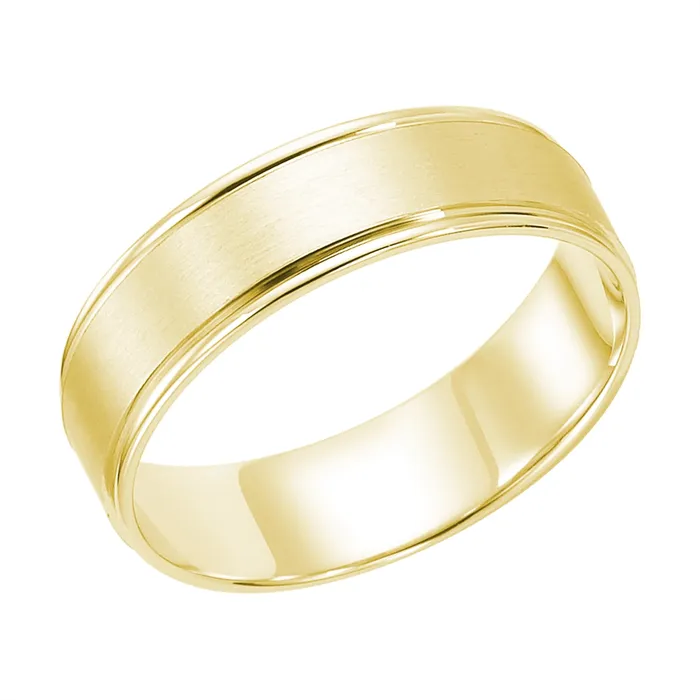 Mens Bands Rings 6mm 14K Yellow Gold Wedding Band with Brushed Center and Polished Round Edges