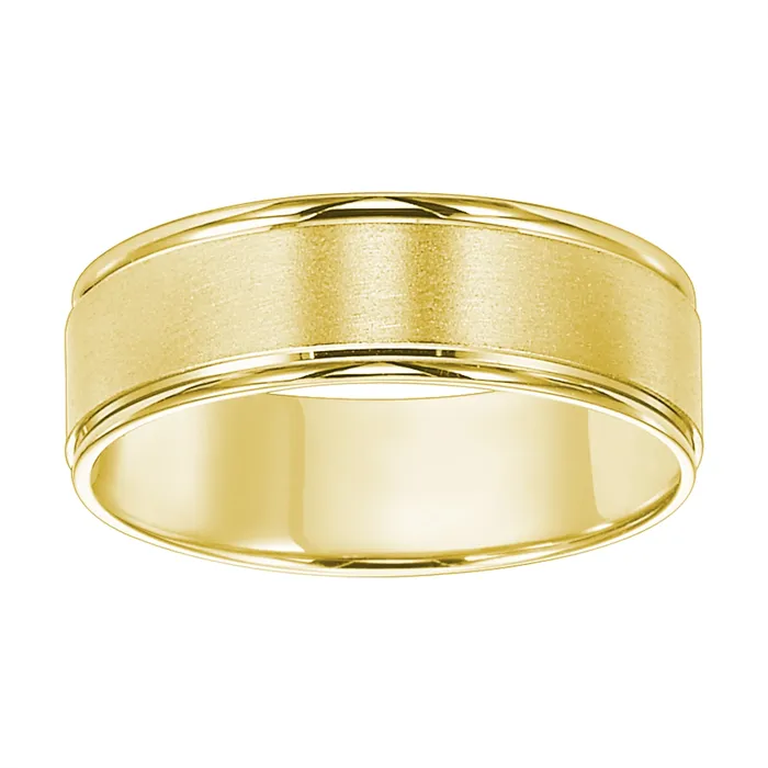 Mens Bands Rings 6mm 14K Yellow Gold Wedding Band with Brushed Center and Polished Round Edges