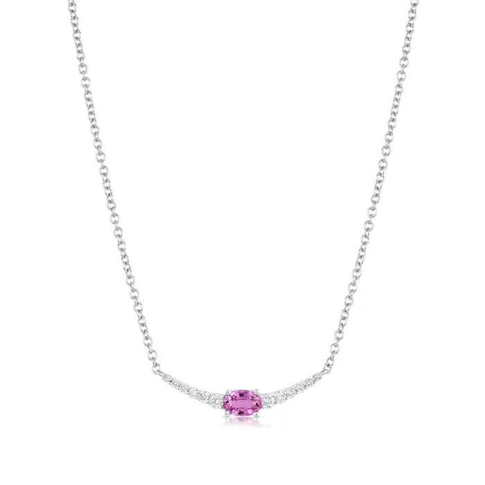 Necklaces CJ Charles Jewelers 18kt White Gold Pink Sapphire and Diamond Crescent Necklace