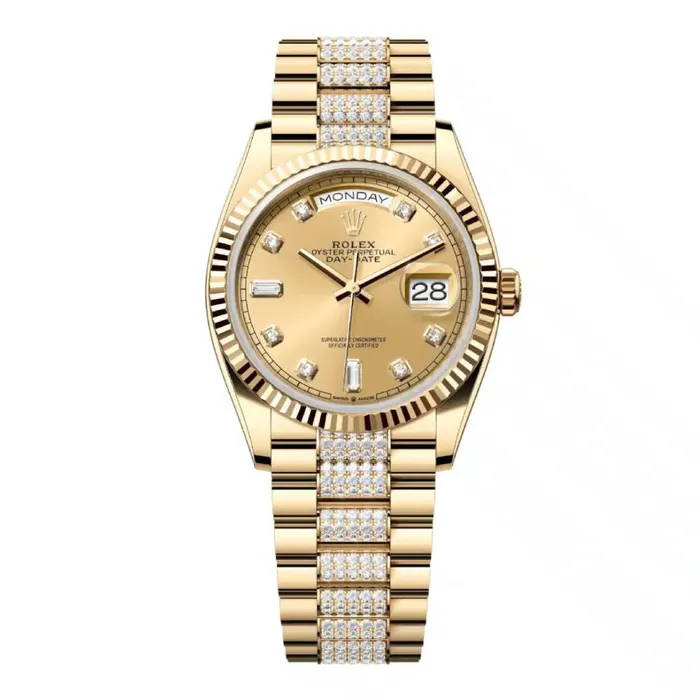 Rolex Rolex Day Date 36mm Ref 1282380026 Champagne Diamond Dial Fluted Bezel 18K Yellow Gold Diamonds President Bracelet Watch Bracelets