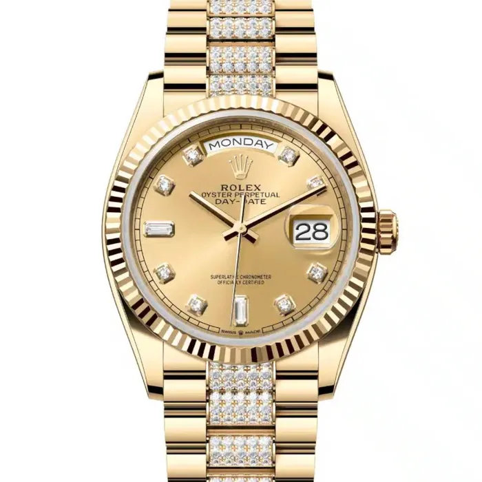 Rolex Rolex Day Date 36mm Ref 1282380026 Champagne Diamond Dial Fluted Bezel 18K Yellow Gold Diamonds President Bracelet Watch Bracelets