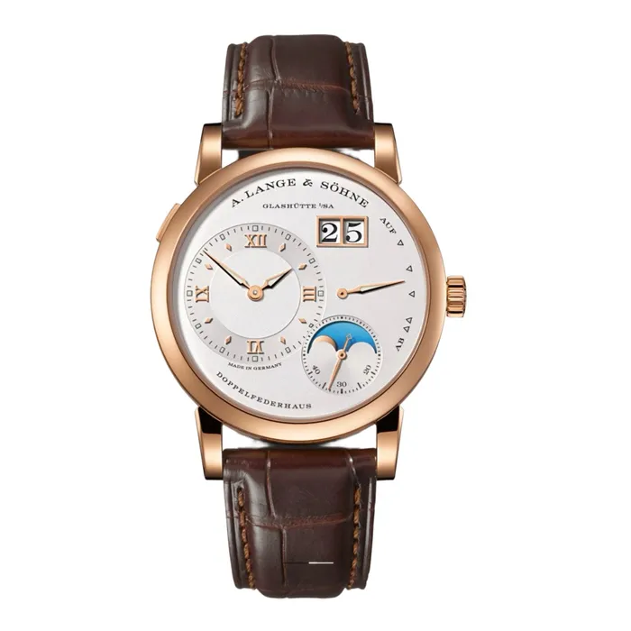 Watches A Lange Shne A Lange Sohne Lange 1 Moon Phase 385mm Watch Ref 192032 White Chronograph Dial in 18K Rose Gold Case Brown Alligator Leather