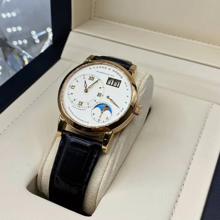 Watches A Lange Shne A Lange Sohne Lange 1 Moon Phase 385mm Watch Ref 192032 White Chronograph Dial in 18K Rose Gold Case Brown Alligator Leather