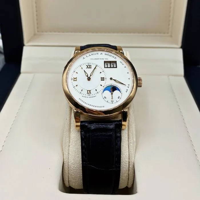 Watches A Lange Shne A Lange Sohne Lange 1 Moon Phase 385mm Watch Ref 192032 White Chronograph Dial in 18K Rose Gold Case Brown Alligator Leather