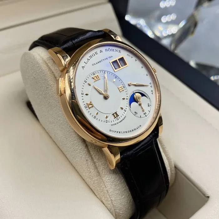 Watches A Lange Shne A Lange Sohne Lange 1 Moon Phase 385mm Watch Ref 192032 White Chronograph Dial in 18K Rose Gold Case Brown Alligator Leather