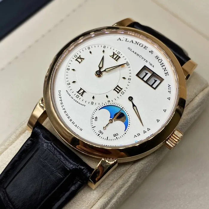 Watches A Lange Shne A Lange Sohne Lange 1 Moon Phase 385mm Watch Ref 192032 White Chronograph Dial in 18K Rose Gold Case Brown Alligator Leather
