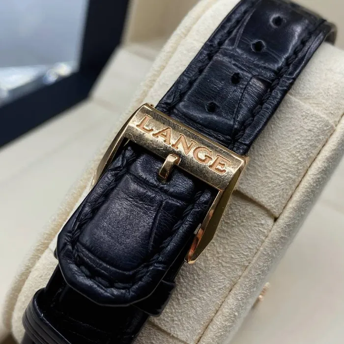 Watches A Lange Shne A Lange Sohne Lange 1 Moon Phase 385mm Watch Ref 192032 White Chronograph Dial in 18K Rose Gold Case Brown Alligator Leather