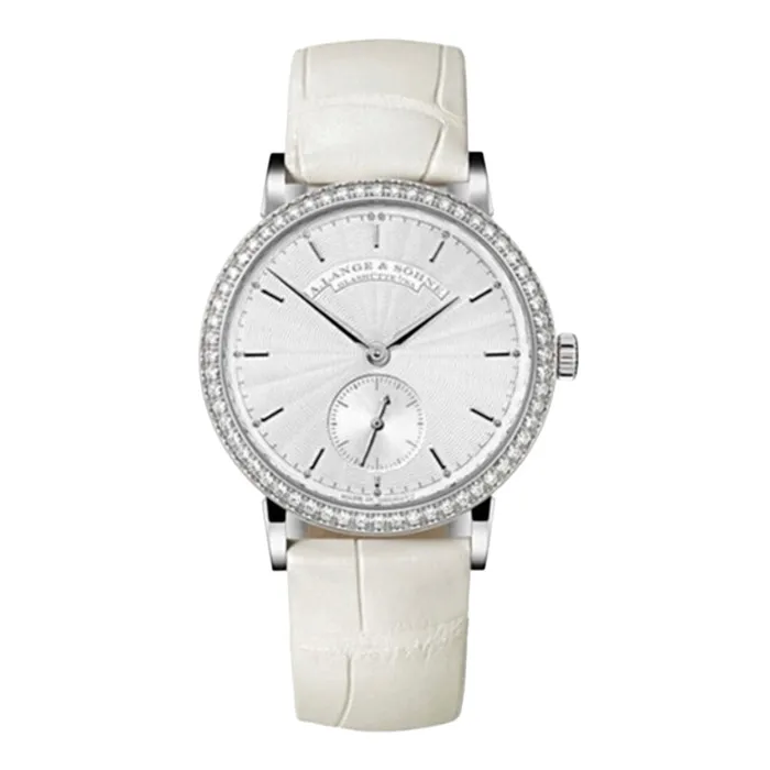 Watches A Lange Shne A Lange Sohne Saxonia 34mm Watch Ref 83503 Silver Index Dial in 18K White Gold Case Diamond Bezel White Alligator Leather