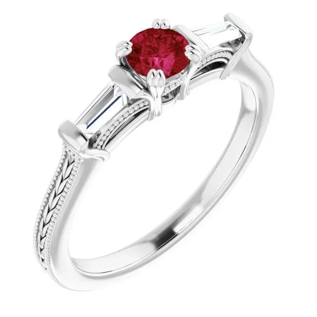 3 Stone Natural Earth Mined Diamond Ruby Ring Vintage Style 2 Carats Milgrain Jewelry GB Rings