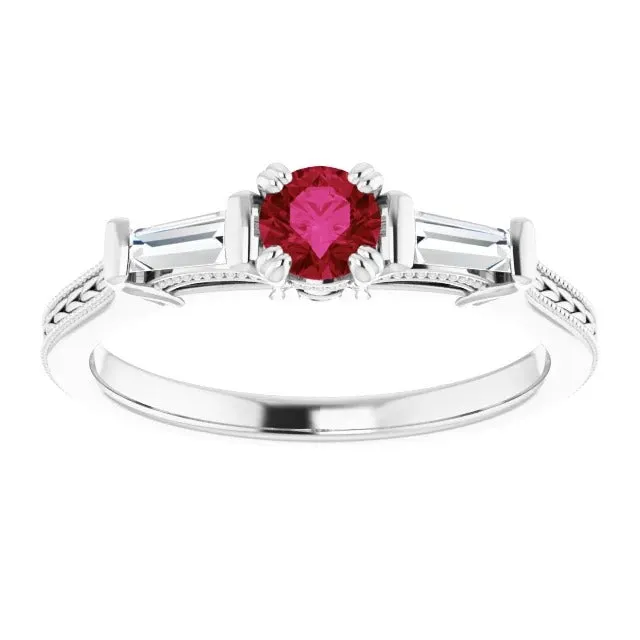 3 Stone Natural Earth Mined Diamond Ruby Ring Vintage Style 2 Carats Milgrain Jewelry GB Rings