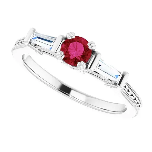 3 Stone Natural Earth Mined Diamond Ruby Ring Vintage Style 2 Carats Milgrain Jewelry GB Rings