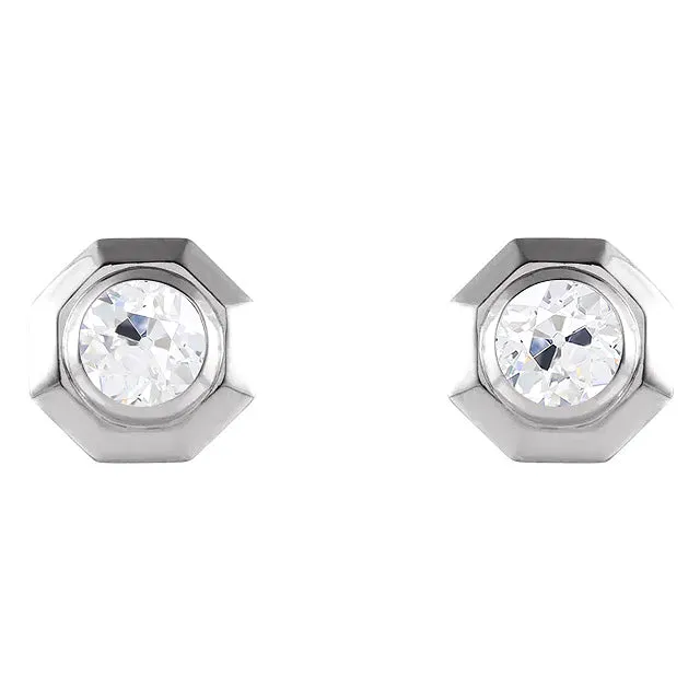 Earrings HarryChadEntcom Real Diamond Stud Earring Octagon Shape Round Old Miner 2 Carats White Gold