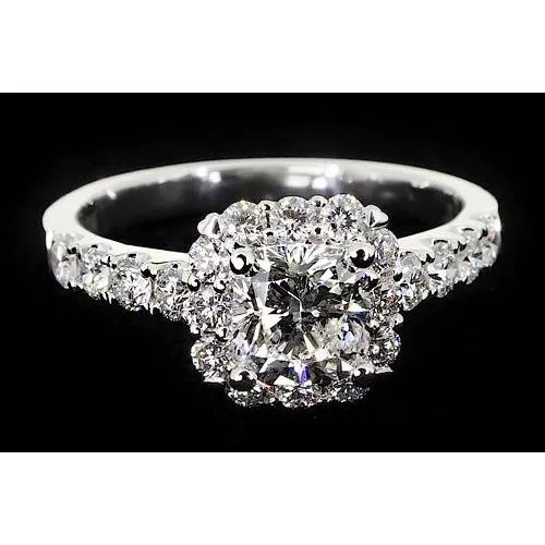 GB Rings Cushion Real Natural Earth Mined Diamond Engagement Ring Halo 2 Carats White Gold 14K
