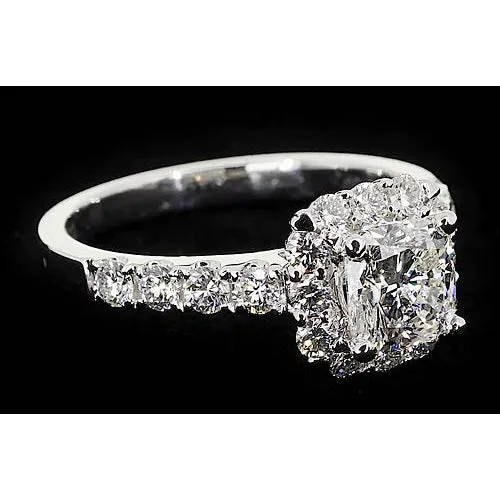 GB Rings Cushion Real Natural Earth Mined Diamond Engagement Ring Halo 2 Carats White Gold 14K