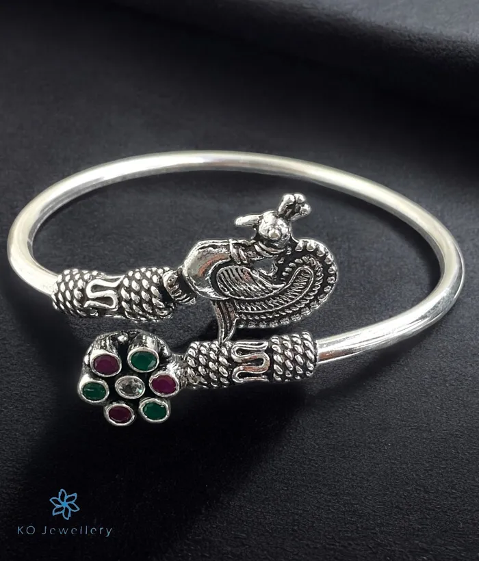 Gemstone Bracelets The Apsara Silver Peacock Openable Gemstone Bracelet