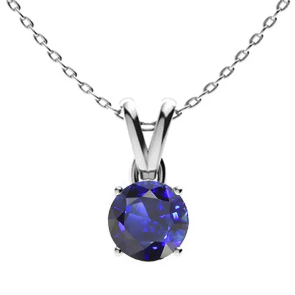HarryChadEntcom Necklaces Round Blue Sapphire Solitaire Pendant V Bail Necklace 2 Carats Gold
