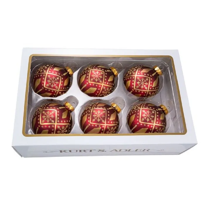 Kurt Adler Kurt Adler 80Mm Burgundy And Gold Patterned Glass 6 Ball Ornaments PreStyled Sets