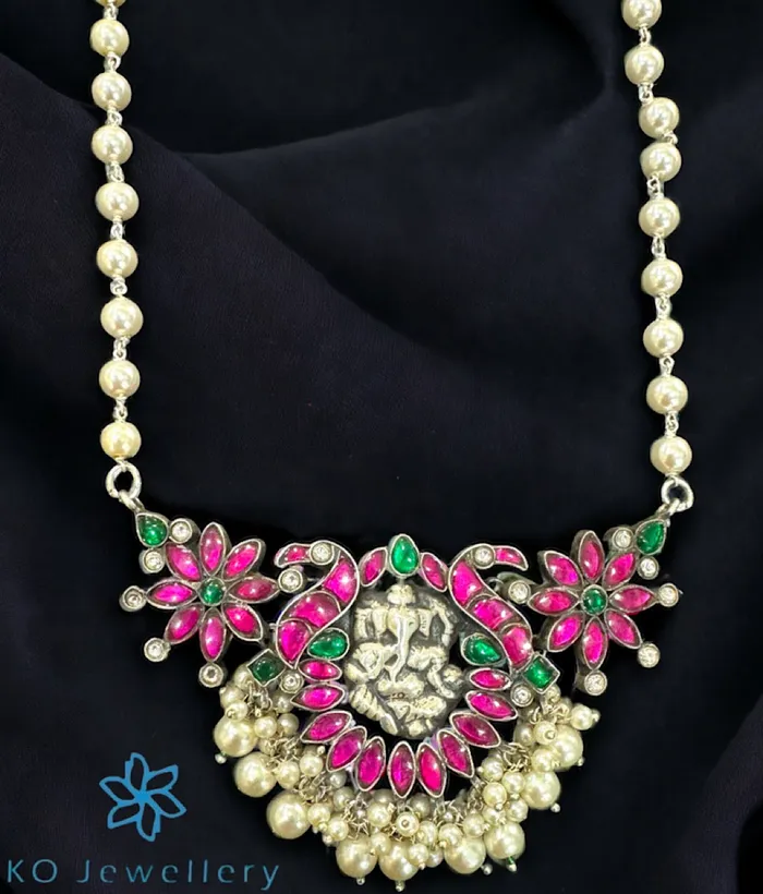 Necklaces Kundan The Rudveda Silver Ganesha Pearl Necklace