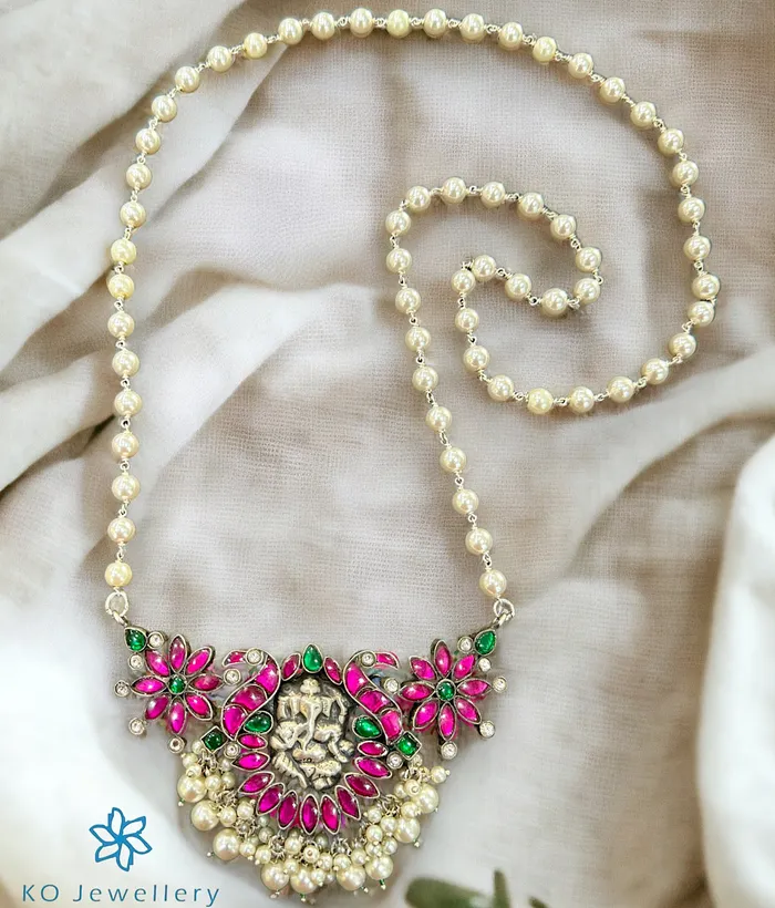 Necklaces Kundan The Rudveda Silver Ganesha Pearl Necklace