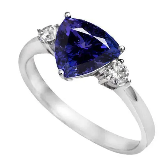 Rings GB 2 Carats Tanzanite Trillion Natural Earth Mined Diamond 3 Stone Ring White Gold 14K