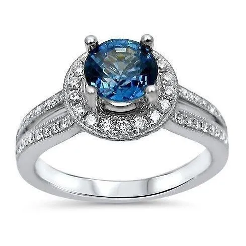 Rings GB 5 Ct Round Cut Ceylon Sapphire And Natural Earth Mined Diamonds Ring White Gold 14K