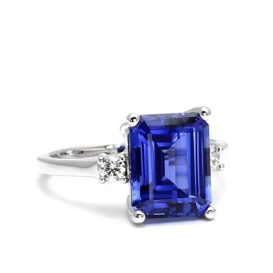 Rings GB Emerald Round Cut 3 Ct Ceylon Sapphire Natural Earth Mined Diamonds Ring White Gold 14K