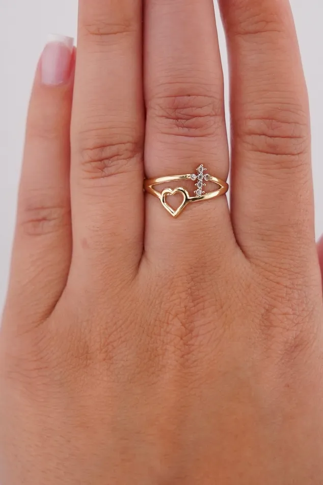 14k Gold Cross Heart Ring AB and J Rings