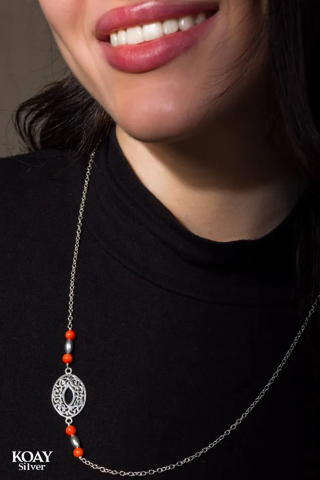 KOAY Silver Store Necklaces Oval Orange Stones Necklace