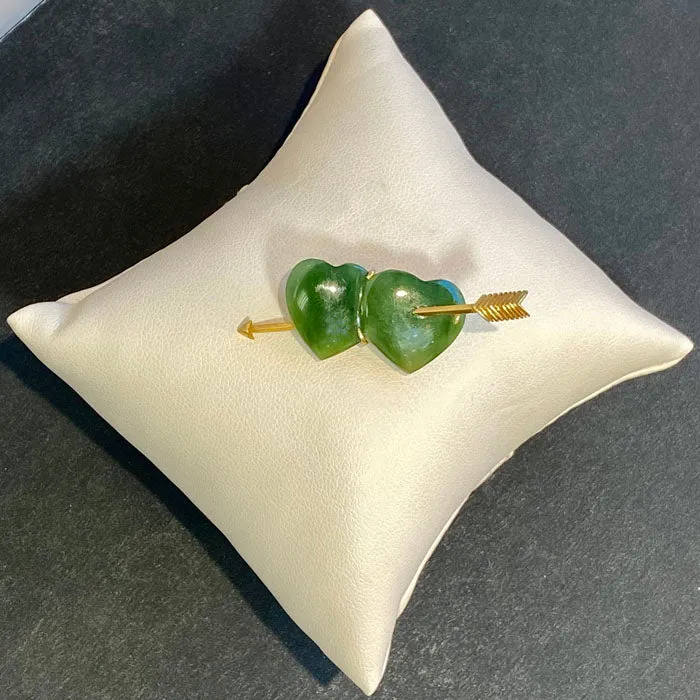 Moriartys Gem Art 14K Yellow Gold and Nephrite Jade Double Heart PinBrooch Necklaces
