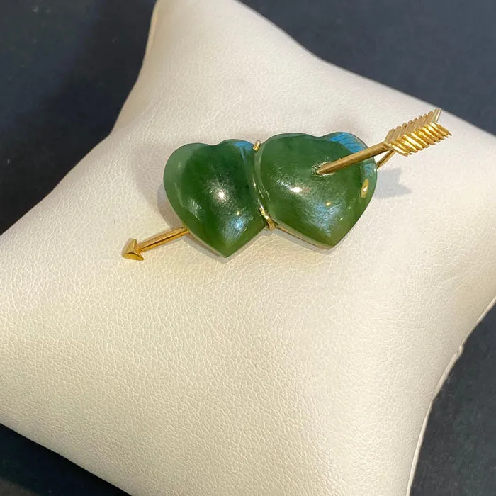 Moriartys Gem Art 14K Yellow Gold and Nephrite Jade Double Heart PinBrooch Necklaces