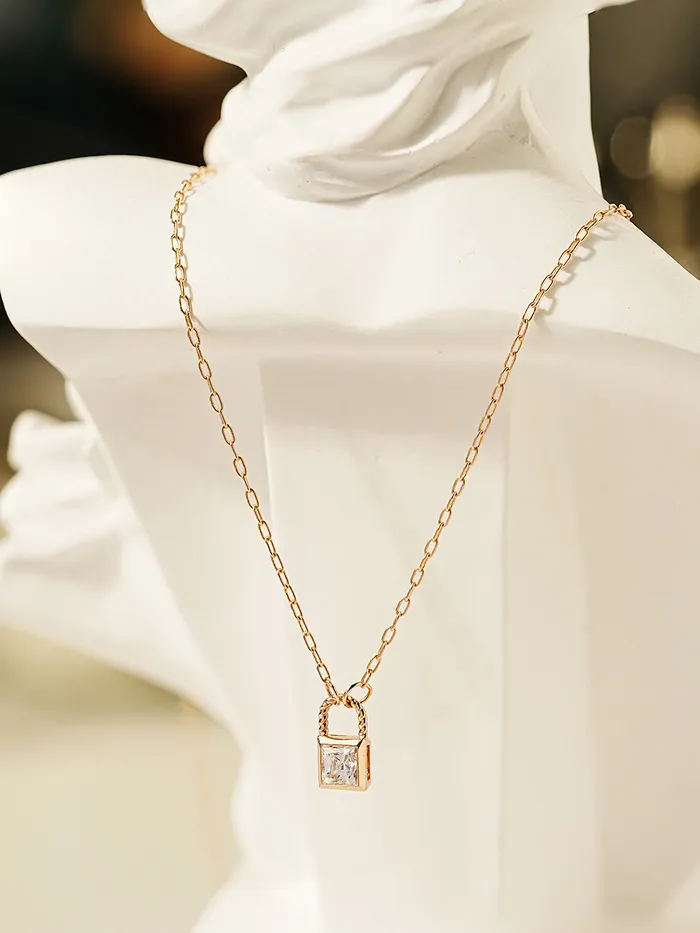 Necklaces 14K 18K Gold Crystal Lock Necklace MinimalBijoux