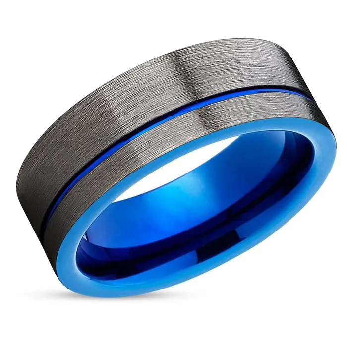 Clean Casting Jewelry Gunmetal Wedding Band Blue Tungsten Ring Tungsten Wedding Ring Blue Band Rings