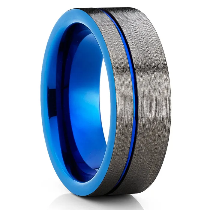 Clean Casting Jewelry Gunmetal Wedding Band Blue Tungsten Ring Tungsten Wedding Ring Blue Band Rings