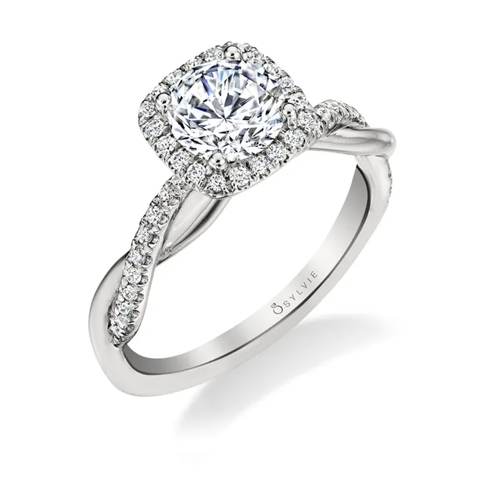 Shop IDC estore Rings Sylvie Coralie Cushion Cut Modern Halo Diamond Spiral Engagement Ring Setting