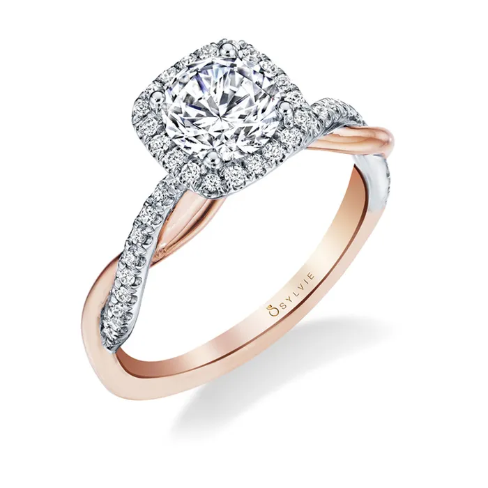 Shop IDC estore Rings Sylvie Coralie Cushion Cut Modern Halo Diamond Spiral Engagement Ring Setting