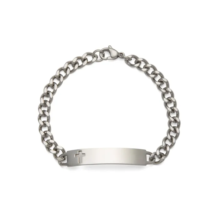 Speidel Bracelets Ladies ID Bracelet with Cut Out Cross Plaque Silver or Gold Tone